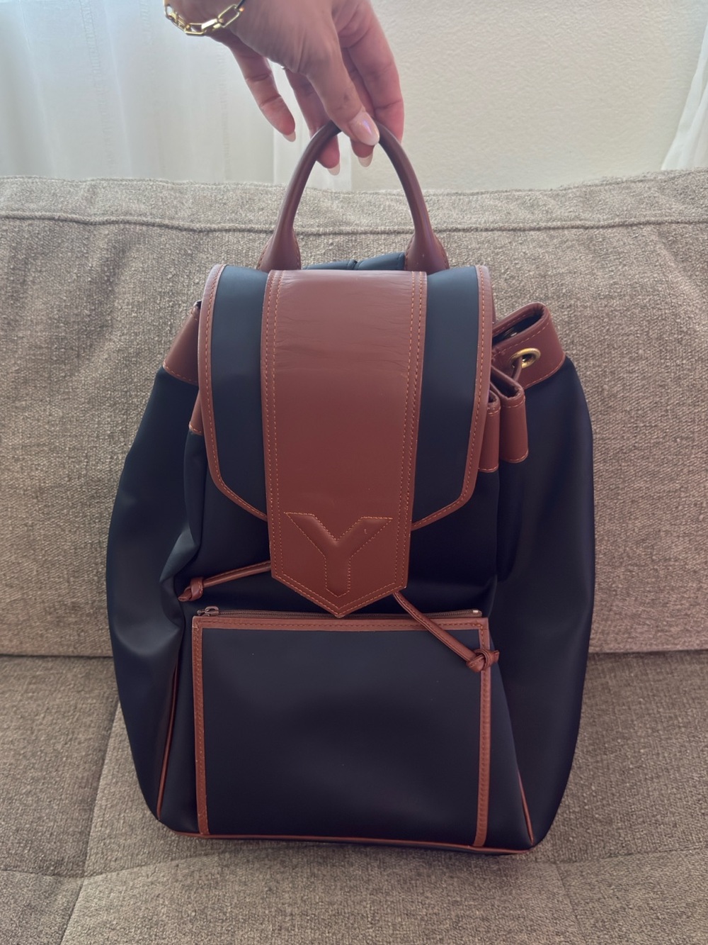 Yves Saint Laurent Navy Blue and Brown Leather-Trim Backpack